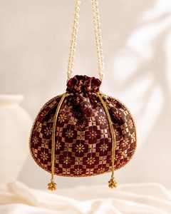 Pochette ronde en soie faite à la main avec broderie dorée et chaîne de perles, cadeau de mariage - Product Image 1