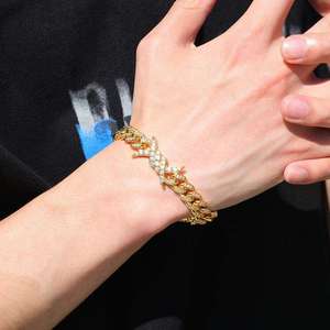 Unisex Rhodium Plated 18k Solid Gold Geometric Chain <b>Bracelet</b> with Natural Stone Inlay Hiphop Style Wedding Fashion Jewelry - Product Image 1