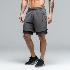 Pantalones cortos deportivos OEM de doble capa con cremallera, para gimnasio, fitness, ejercicio, 2 en 1, para hombre - Product Image 1