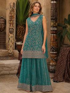 Ensemble Salwar traditionnel brodé bleu sarcelle avec dupatta, coupe ample longue jusqu'au sol, tenue indienne et pakistanaise pour femme - Product Image 2
