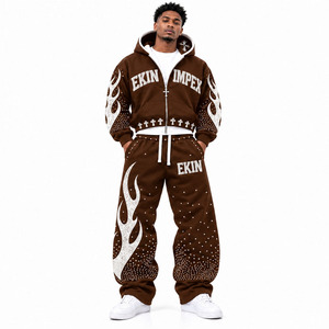 Wholesale OEM ODM Custom Logo Luxury Crystal Studded Flame Graphic <b>Brown</b> Zip up <b>Hoodie</b> & Matching Pants Y2K Style <b>Men's</b> Winter - Product Image 1