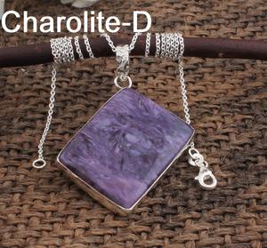 Collier unisexe vintage en argent sterling 925 plaqué platine avec grandes breloques en charoïte naturelle russe, bijoux en pierres précieuses - Product Image 3