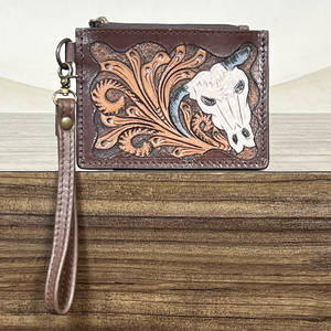 New Bulk Manufacturer 2026 Tooled Genuine Leather Card Holder <b>Zip</b> <b>Wallet</b> With Bull Skull Design Stylish ATM Card Holder Clutch - Product Image 1