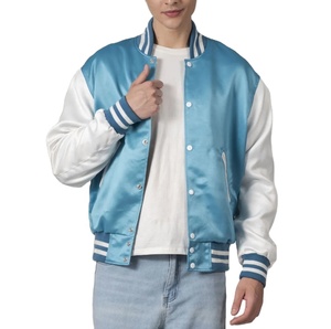 เสื้อแจ็คเก็ตวาร์ซิตี้สีฟ้าอ่อนแขนสีขาวสำหรับผู้ชาย สไตล์พรีปปี้ ผ้าซาติน ทรงบอมเบอร์ คอปกพับได้ ทรงปกติ เหมาะสำหรับใส่ในฤดูใบไม้ร่วง - Product Image 6