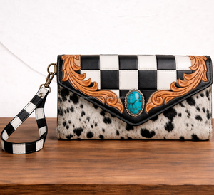 Bohemian Hair On Hide Genuine Leather Wallet Women Tooled Western Clutch Cowgirl Checkered Design <b>Wristlet</b> with Turquoise Stone - Product Image 2