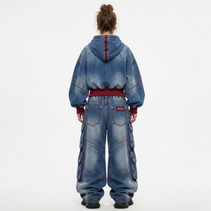 <b>Womens</b> Blue Washed Denim Hoodie And <b>Baggy</b> Cargo <b>Jeans</b> Set Burgundy Contrast Stitch Oversized Streetwear Custom Wholesale Supplie - Product Image 2