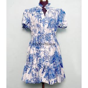 100% Cotton Handmade Women's Mini <b>Dress</b> V-Neck Short Sleeve A-Line Digital Floral Print Washable Breathable Office - Product Image 2