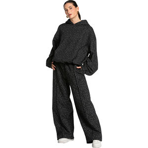 Conjunto Deportivo de 2 Piezas para Mujer, Estilo Casual de Invierno, Lavado Ácido, Estampado de Leopardo Negro, 100% Algodón Felpa, Ecológico, con Bolsillo Oculto en Contraste - Product Image 1