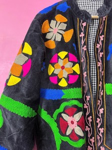 Boho Suzani Hand Embroidery Velvet Coat Handmade Short Winter <b>Jacket</b> Ethnic Floral <b>Kimono</b> Outerwear Artisan Festival Gift Her - Product Image 5