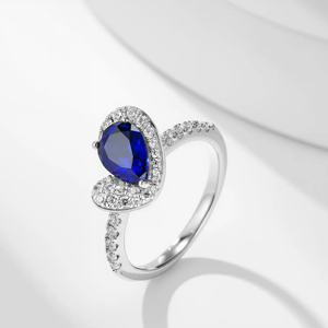 Anillo de Zafiro en Forma de Gota de Agua con Diamantes Redondos de Corte Brillante, Anillo Romántico de Plata 925 con Baño de Rodio y Piedras Preciosas para Mujer - Product Image 2