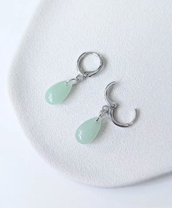 Handmade Silver Jade Teardrop Hoop <b>Earrings</b> Light <b>Green</b> Stone Dangle Boho Minimalist Jewelry - Product Image 2
