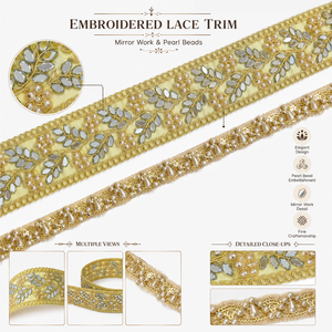 Bordure décorative de luxe fantaisie traditionnelle brodée de dentelle florale, de travail miroir et de perles pour Saree, Robe, Vêtement de mariage - Product Image 6