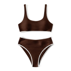 Women Ribbed Bikini <b>Set</b> <b>Square</b> Neck High Waist Solid Color Contrast Binding Swimwear Two Piece Spandex Polyester Stretch - Product Image 4