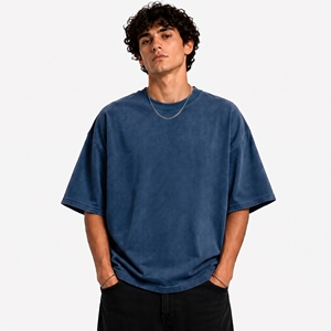 men solid color plain oversized <b>t</b> shirt washed royal <b>blue</b> heavy cotton streetwear drop shoulder loose boxy <b>cut</b> crew tee bulk top - Product Image 3