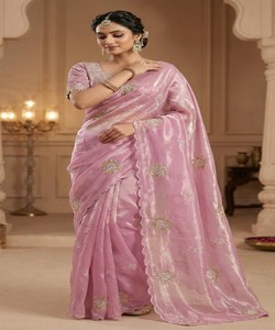 Sari de Seda Rosa con Bordado, Traje Tradicional Indio para Bodas, Largo hasta el Suelo, Corte Regular para Mujer, Todas las Temporadas (MD-3093) 85197 - Product Image 1