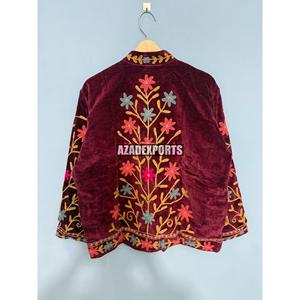 Hand Embroidered Quilted <b>Velvet</b> Mandarin Collar Jacket Full Sleeve Floral Pattern <b>Women's</b> Autumn Winter Wear Elegant Style - Product Image 3