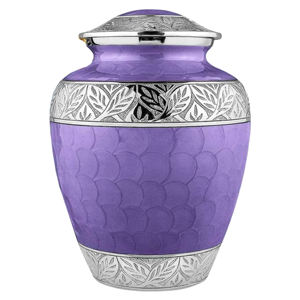 Urne funéraire en métal finition perle violette pour cendres humaines adultes |   Bandes décoratives en argent gravées |   220 pouces cubes écologiques - Product Image 1