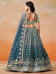 <span class=keywords><strong>Robe</strong></span> de <span class=keywords><strong>demoiselle</strong></span> <span class=keywords><strong>d</strong></span>'<span class=keywords><strong>honneur</strong></span> en organza turquoise brodé, style lehenga, avec crop top et dupatta, col en V, coupe trapèze, longueur ras du sol, séchage rapide, dos nu - Product Image 3