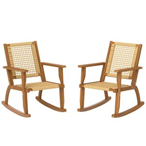 Set di 2 Sedie a Dondolo da Esterno in Legno di Acacia con Schienale in Vimini per Giardino, Colore Kaki, con Imbottitura in Poliestere per Villa - Product Image 1