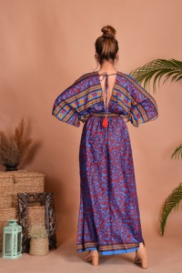 Bohemian Vintage Silk Side Slit Maxi <b>Dresses</b> For Women Recycled Silk V Neck Floral Print <b>Dress</b> for Party Summer Casual Wear - Product Image 3