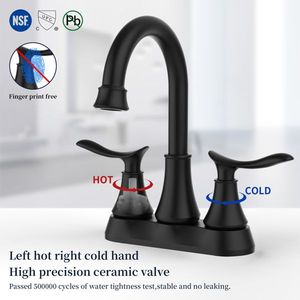 Rubinetto per lavabo nero opaco a 2 maniglie con rotazione a 360° e scarico a soffietto, interasse 6 pollici, rubinetto da 6 pollici per mobile bagno - Product Image 2