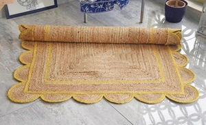 Scalloped Edge Handmade Jute Area <b>Rug</b> Multi Color Borders Eco-Friendly Low Pile <b>Boho</b> Farmhouse Carpet Medium Thickness Spot - Product Image 2