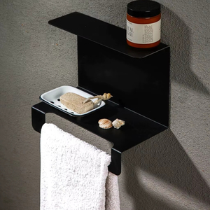 Étagère murale moderne en acier inoxydable noir mat à 2 niveaux pour salle de bain et cuisine avec porte-serviettes et porte-savon pour hôtels - Product Image 3