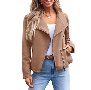 Chaqueta de Motociclista de Cuero PU Color Bronceado para Mujer, con Cierre de Cremallera, Cuello Redondo, Manga Larga, Estilo Otoñal - Product Image 1