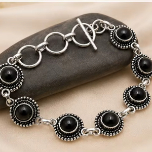 Pulsera de Ónix Negro Natural, Plata de Ley 925, Cadena Hecha a Mano, Joyería Vintage con Piedras Preciosas para Mujer - Product Image 1