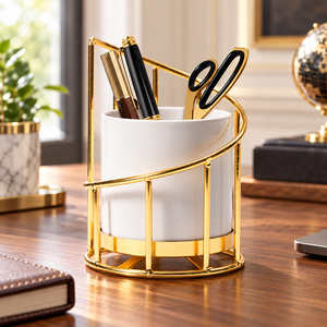 Lovely <b>Pen</b> Holder Gold Frame Ceramic White <b>Pen</b> Holder Desk <b>Organizer</b> for Office Study Table <b>Pen</b> Holder by Falah International - Product Image 1