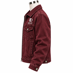 Veste en jean bordeaux pour homme OARH_INT INDUSTRY, coupe classique, fermeture éclair, broderie, couleur unie, style décontracté, pour l'automne - Product Image 3