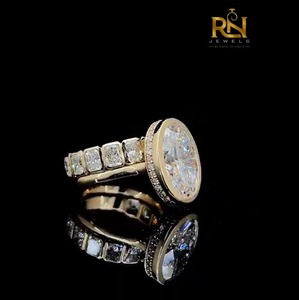 2 CT Oval Lab Grown Diamond DEF Color Bezel <b>Ring</b> Solid Gold Luxury Open Cuff <b>Stack</b> Radiant Cut Accent Band Hidden Halo Fine - Product Image 2