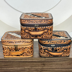 Western Designer Hand Tooled Cowhide Leather <b>Large</b> Capacity <b>Storage</b> Box Travel Organizer Makeup Cosmetic Vanity Case for Women's - Product Image 4