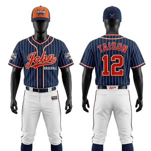 Uniforme de baseball en polyester interlock premium 180 GSM, rayures blanches sur fond marine, personnalisation par sublimation, broderie, transfert thermique du logo - Product Image 1