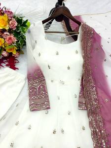 White Embroidered Anarkali <b>Suit</b> <b>Women</b> Floor-Length Traditional Indian Pakistani <b>Wedding</b> Dress with Dupatta Regular Fit - Product Image 4