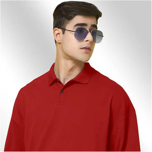 Men's <b>Oversized</b> <b>Red</b> Cotton Pique Polo <b>Shirt</b> Short Sleeve Solid Color Casual Fit Regular Length Knitted Fabric - Product Image 3