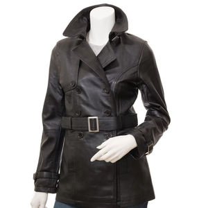 Women's <b>Genuine</b> Leather Hooded Long Motorcycle Jacket With Adjustable Waist Belt Windproof Autumn Style - Product Image 6