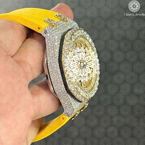 Charm Jewells Men's Luxury Yellow Gold <b>Watch</b> 42mm Irregular <b>Case</b> Diamond Encrusted Analog Quartz Hollow Out Silicone Band - Product Image 2