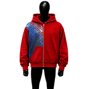 Sweat à capuche zippé oversize rouge pour homme avec imprimé abstrait, manches régulières, en polyester tricoté, pour l'automne, style urbain, vente en gros - Product Image 1