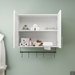 Armadietto da Bagno a Parete con Ripiani Regolabili, 5 Ganci e Portasciugamani, per Stoccaggio Sopra il WC, Adatto anche per Cucina, Bianco - Product Image 3