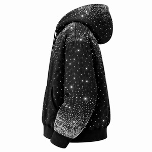 Sudaderas con capucha oversize de streetwear al por mayor con pedrería, 100% algodón polar, color negro, con media cremallera, para unisex - Product Image 3