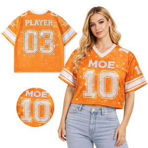 Camiseta Corta de Fútbol Americano para Mujer, con Pedrería, Personalizada, Naranja Brillante, con Estampado de Marca, Estilo Urbano, Talla Grande - Product Image 1