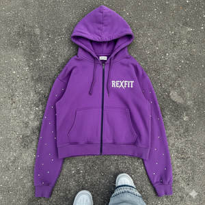 Sweats à capuche personnalisés avec fermeture éclair, 100 % coton molletonné, broderie 3D, strass, respirants, streetwear d'hiver, faible MOQ - Product Image 6