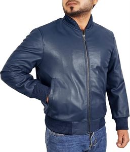 Chaqueta de Cuero Estilo Bomber para Hombre, Color Azul Marino, Cuello Alto, Cierre de Cremallera, Estilo Motociclista, Corte Regular, para Otoño - Product Image 1