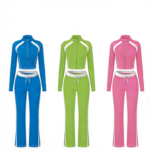 Womens <b>Sets</b> Matching <b>Sets</b> Women Zip up Crop Top Pants Workout Fitness Sporty Color Block Active Wear Tracksuit OEM - Product Image 6