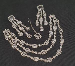 Modern Afghan Gold Chain <b>Necklace</b> Featuring Emerald Green And <b>Ruby</b> Red Rectangular Crystals In Floral Halo Setting - Product Image 3