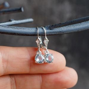 Natural Aquamarine Lever <b>Back</b> Drop <b>Earrings</b> 925 Sterling Silver Gold Plated 6mm Round Dangle Elegant Luxury Gemstone Jewelry - Product Image 1