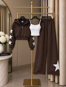 Ensemble de survêtement décontracté 3 pièces pour femme, uni, respirant, coupe ample, avec sweat à capuche zippé, débardeur côtelé et pantalon de survêtement large - Product Image 2