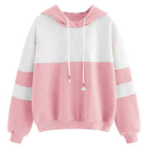 <b>Women's</b> Oversized Hooded <b>Sweatshirt</b> Color Blocked Pink <b>White</b> Knitted Polyester Front Logo Tassel Detail Winter Wear - Product Image 2