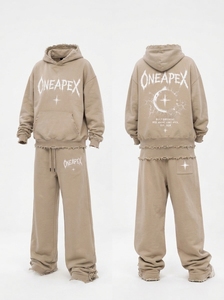 Ensemble de survêtement décontracté deux pièces en molleton délavé beige surdimensionné, style streetwear, avec sweat à capuche et pantalon de jogging - Product Image 3